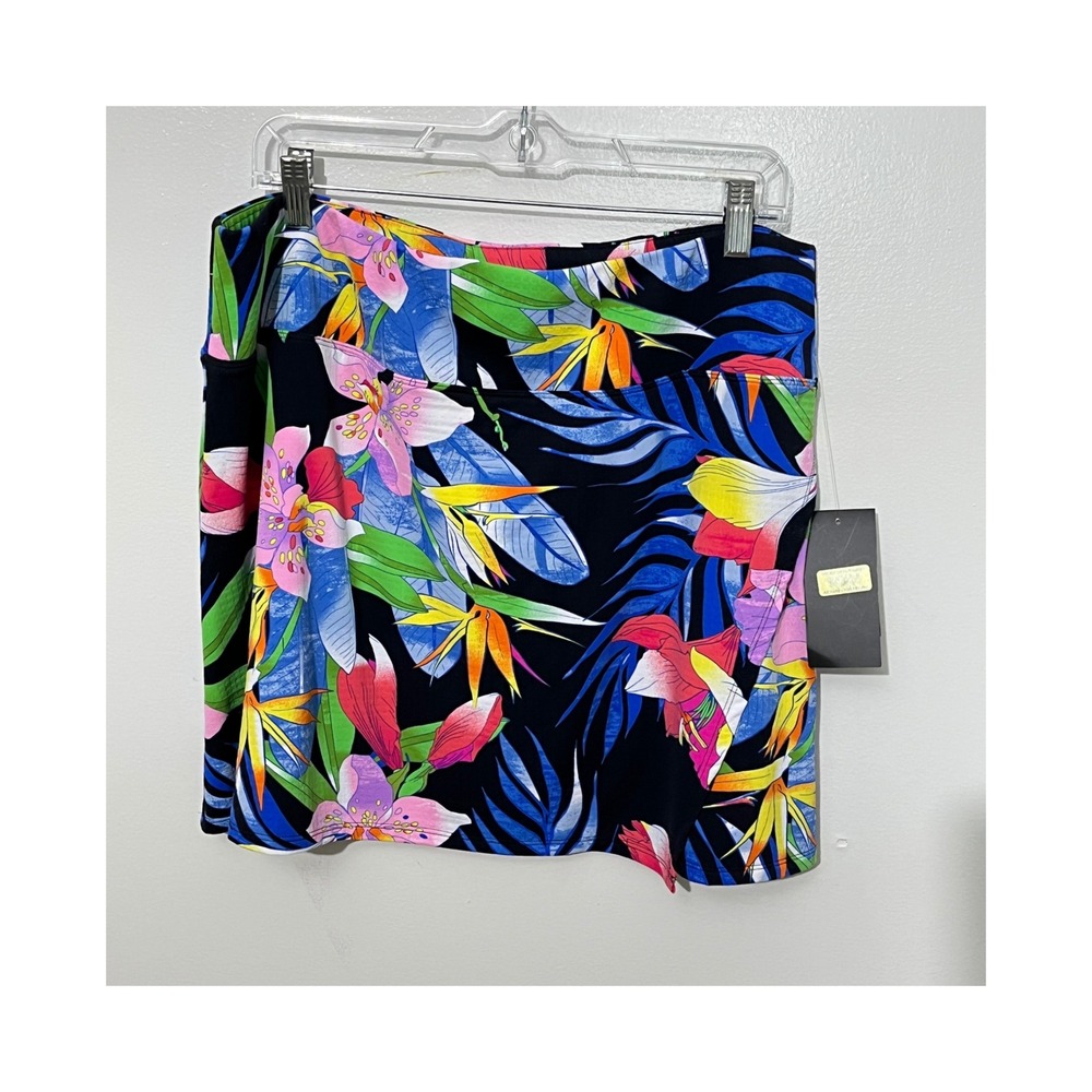 IBKÜL Faux Wrap Print Skort Womens XL Black Multi Tropical Floral UPF 50+ 26515